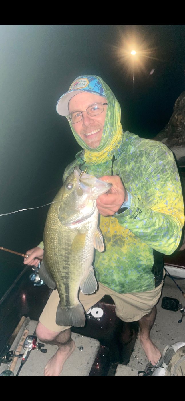 A largemouth bass caught after dark