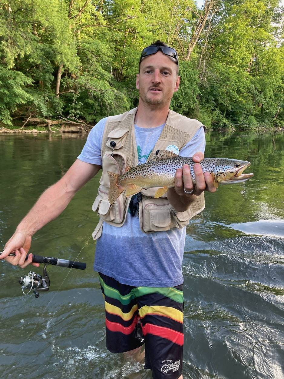 A heavily spotted brown trout, taken wading