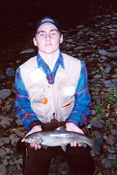 A trout caught on a handmade Timberwolf in-line spinner.