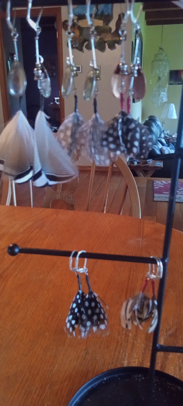 A rack of Timberwolf feather and blade earrings on display.