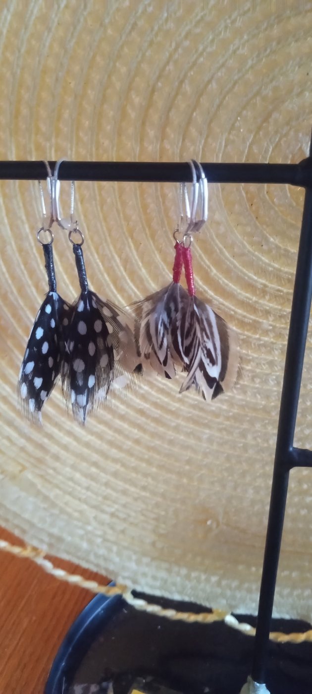 Close-up of hand-tied feather earrings showing the barring on each feather.
