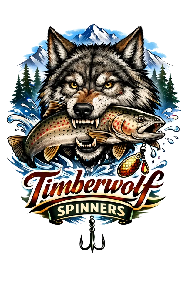 The Timberwolf Spinners emblem: a wolf's head holding a trout, with a spinner blade and treble hook.