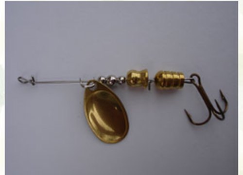 Plain gold Timberwolf spinner, size #1, with treble hook.